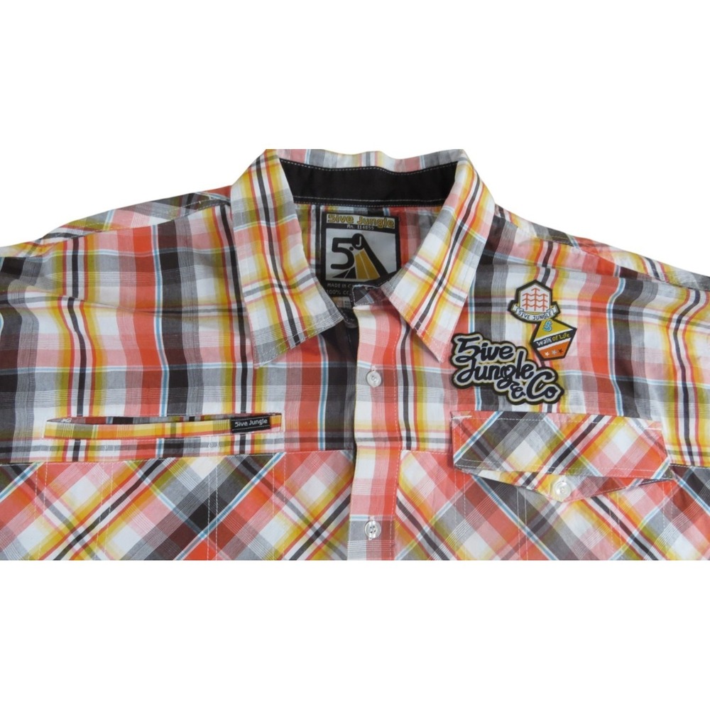 Five Jungle Y2K VTG Plaid Short Sleeve Graphic Button Up Shirt Men 4XL Skate Hip - Picture 4 of 16